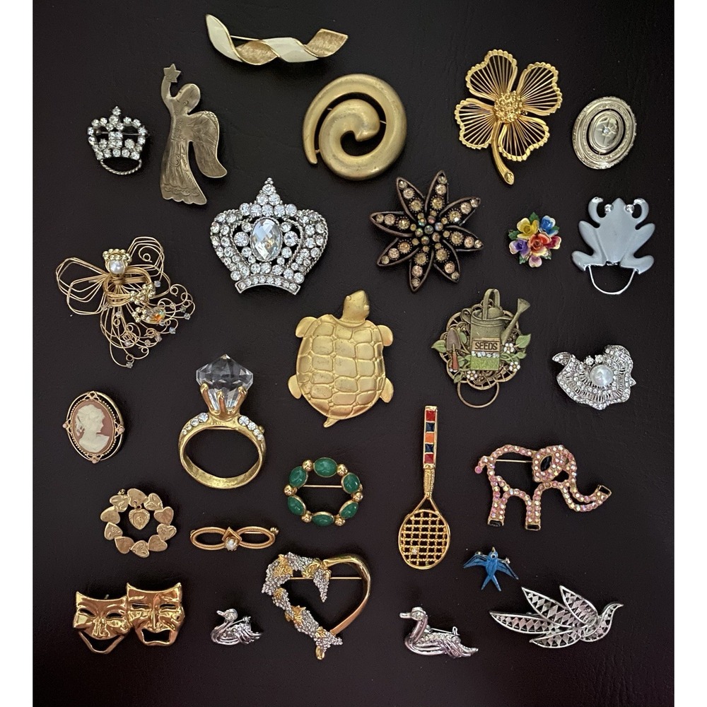 Vintage to Modern Mixed Metal Rhinestone Brooch Pin Lot - 27 Brooches